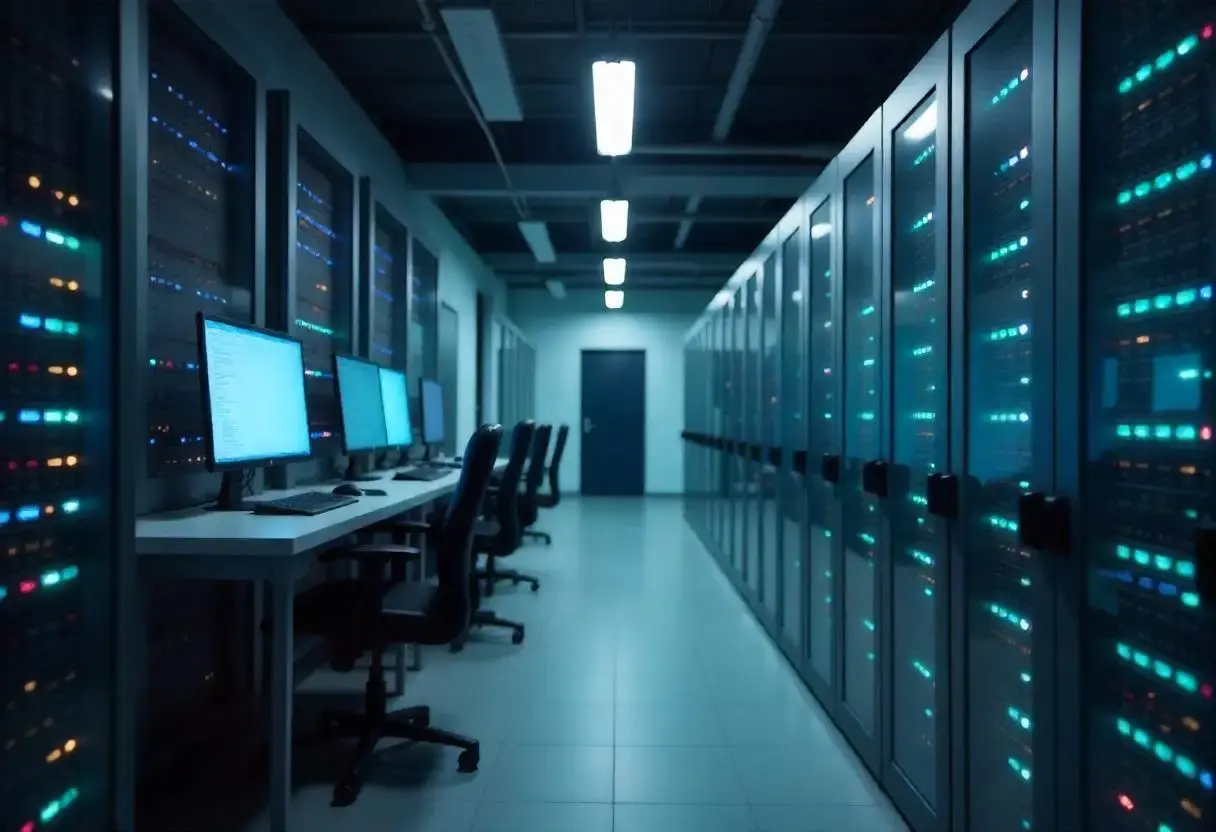A server room with multiple monitors and server racks displaying lights.