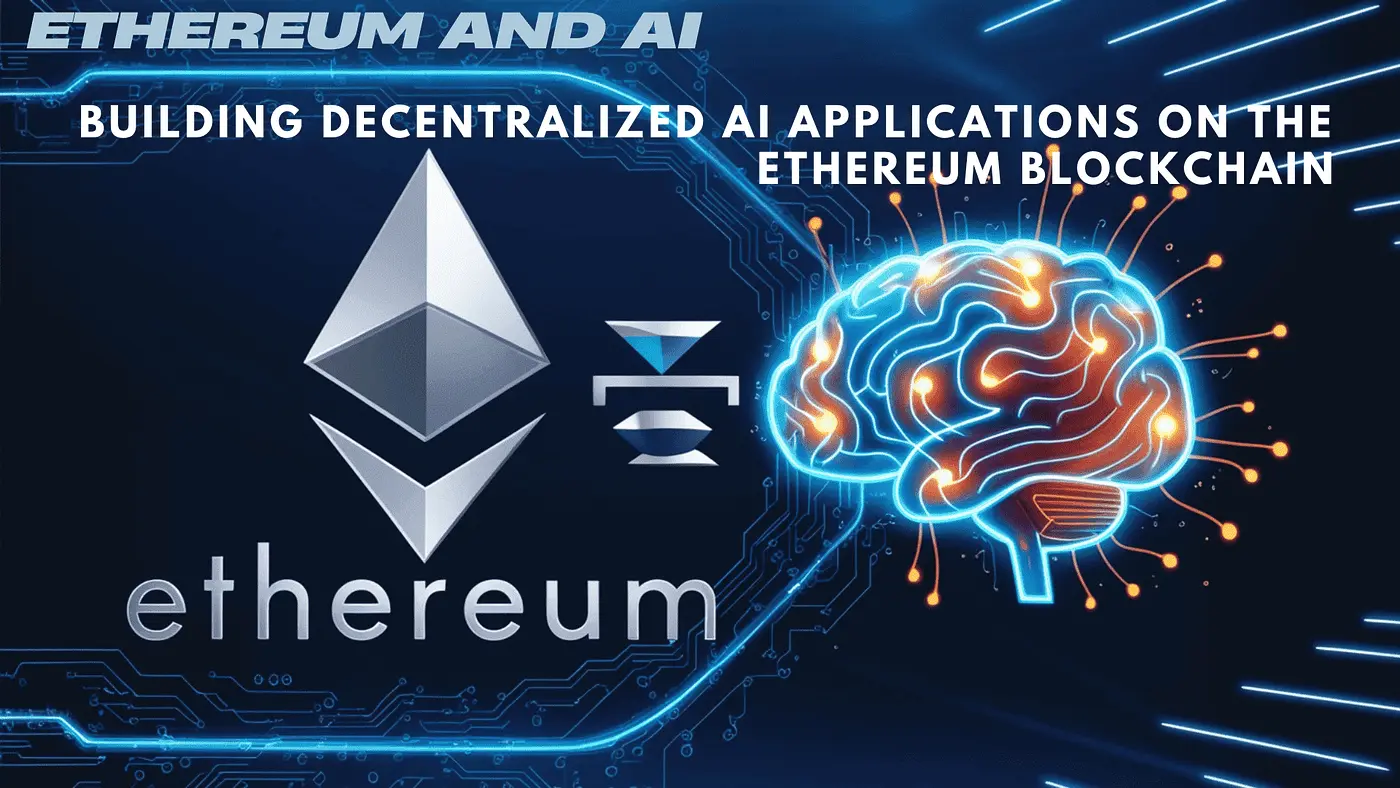 Ethereum blockchain logo with a glowing brain concept on a tech background.