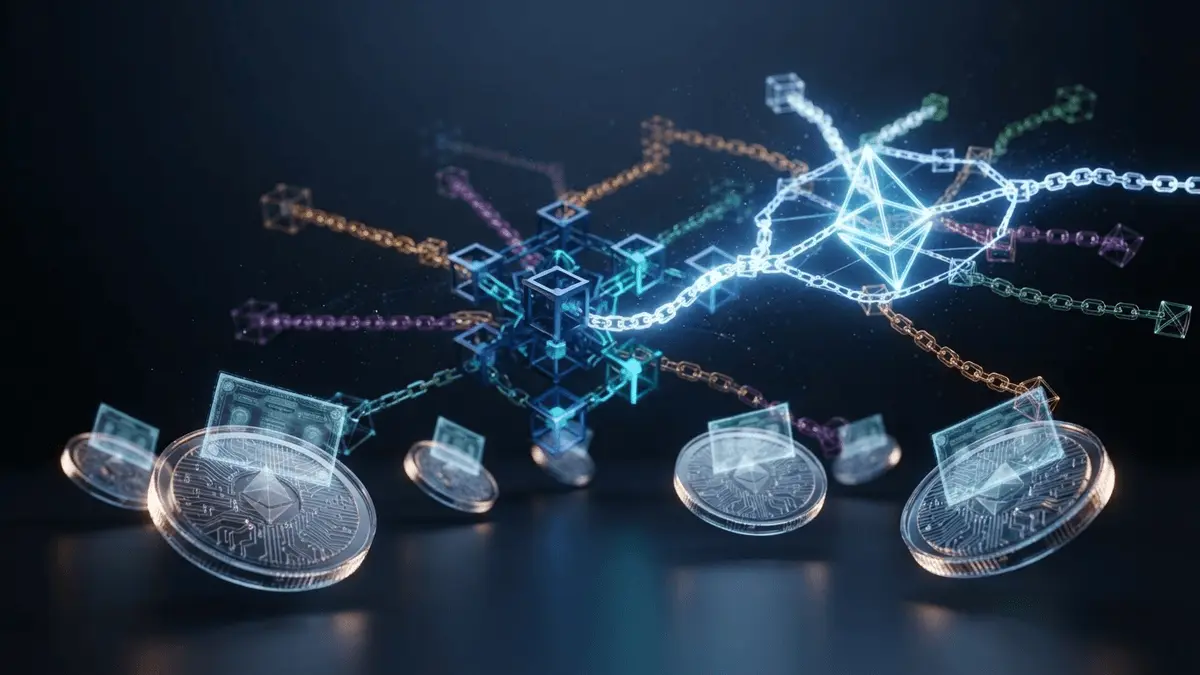3D visualization of interconnected blockchain networks with glowing tokens and Treasury certificates