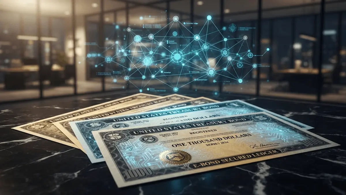 Tokenized US Treasury bonds with blockchain network overlay representing DeFi collateral integration