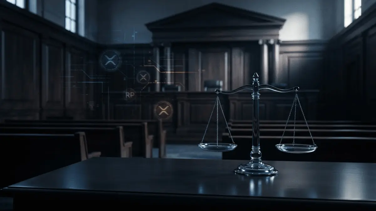 Courtroom scales of justice with dissolving blockchain elements representing Ripple's SEC legal battle