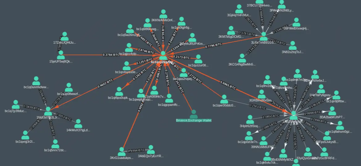 Visual representation of Bitcoin transaction tracking with wallet addresses and amounts.
