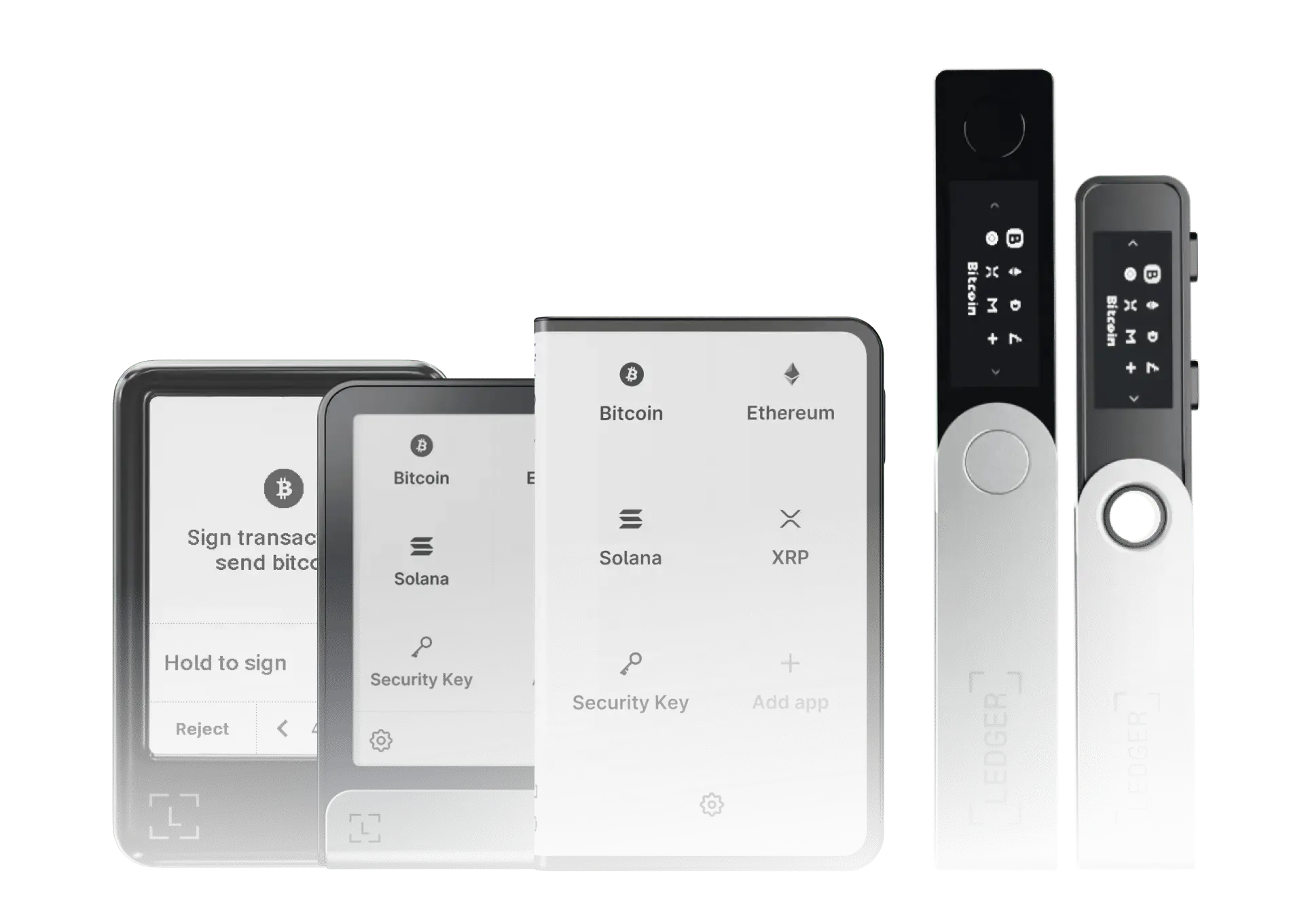 Multiple Ledger hardware wallets showing cryptocurrency options like Bitcoin and Ethereum.