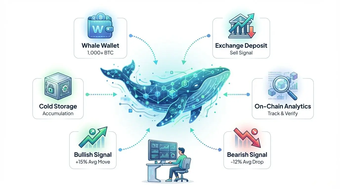 Illustration of a whale symbolizing a crypto wallet with analytics visuals around it.