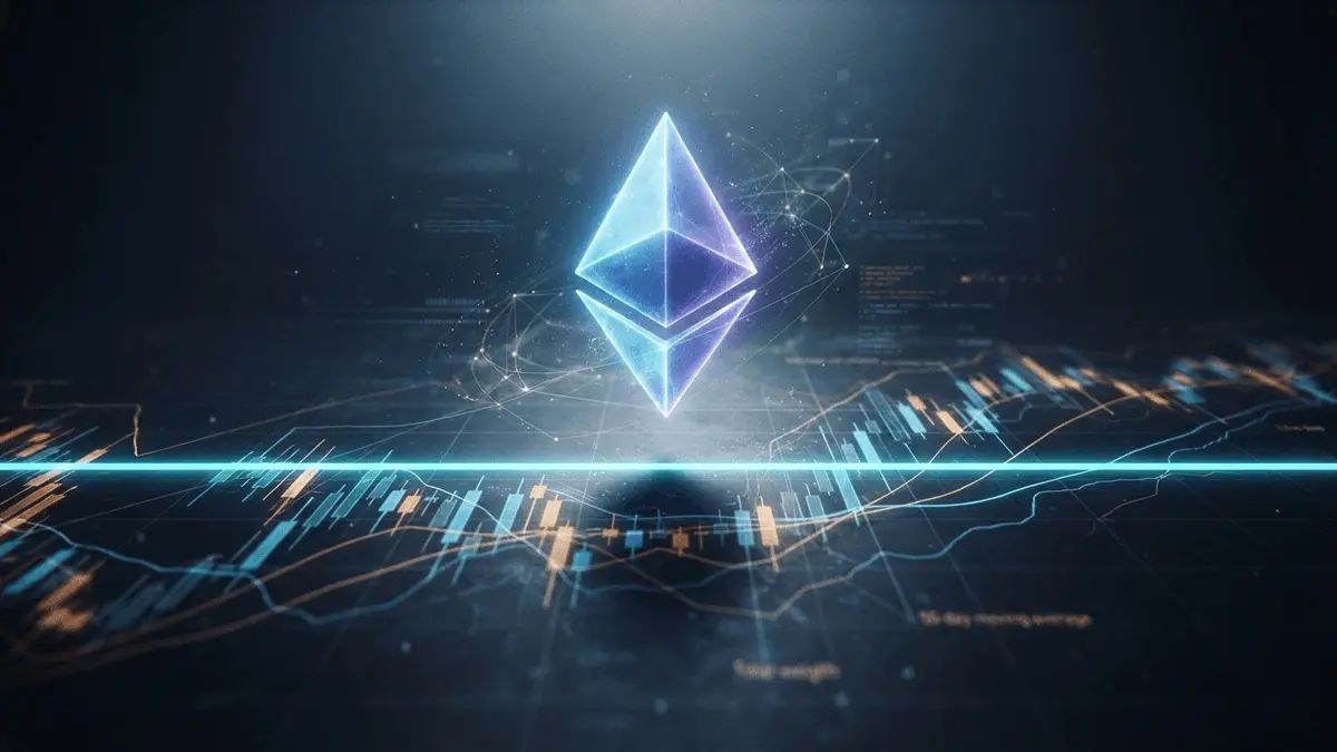 Ethereum crystal above financial chart with 50-day moving average line highlighting critical resistance level