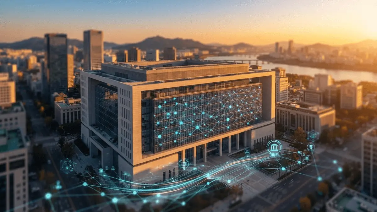 Modern Seoul central bank building with digital network overlay representing wholesale CBDC infrastructure