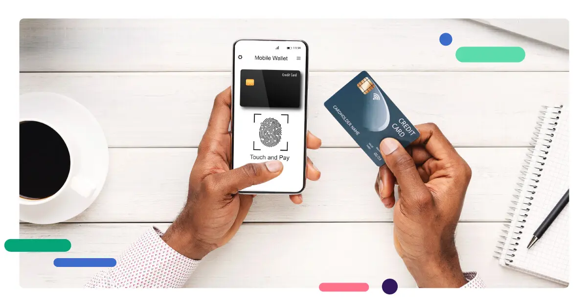 A person using a smartphone with a fingerprint scan for mobile payment.