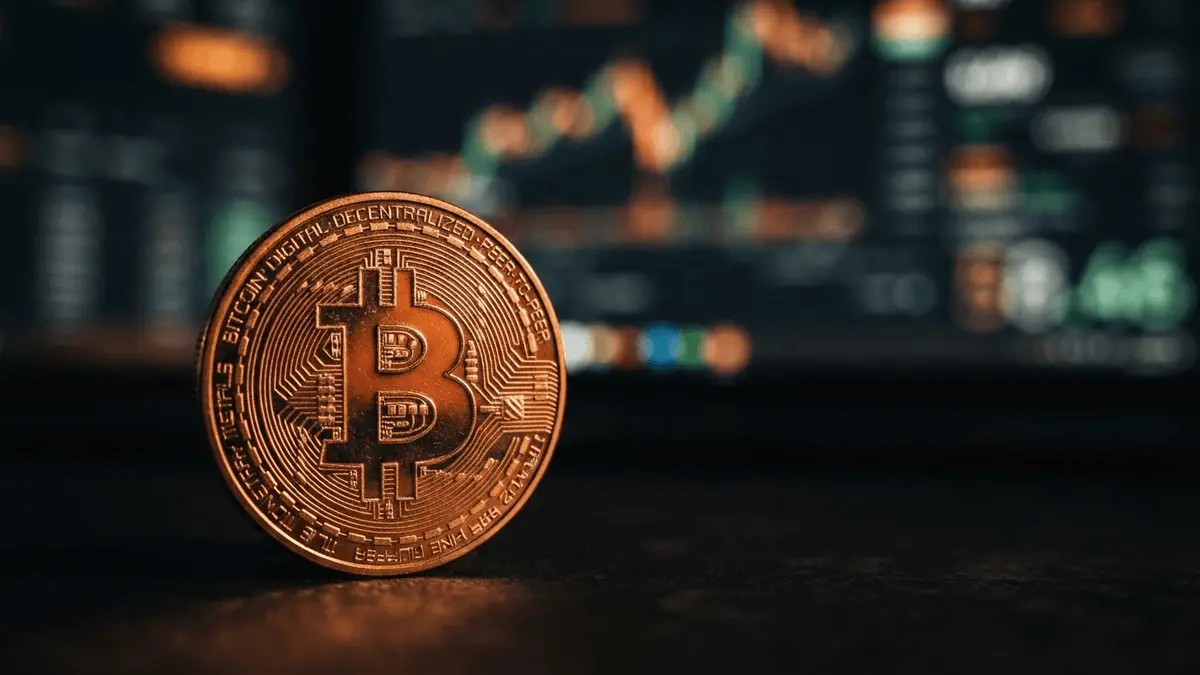 Bitcoin coin with dramatic lighting and bokeh trading screen background