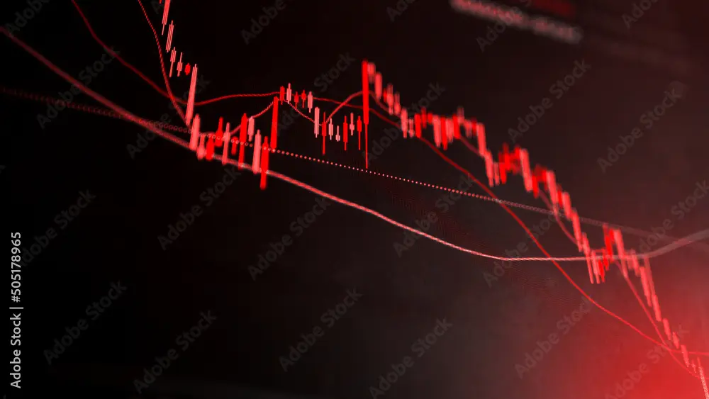 Red candlestick chart indicating market decline on dark background.