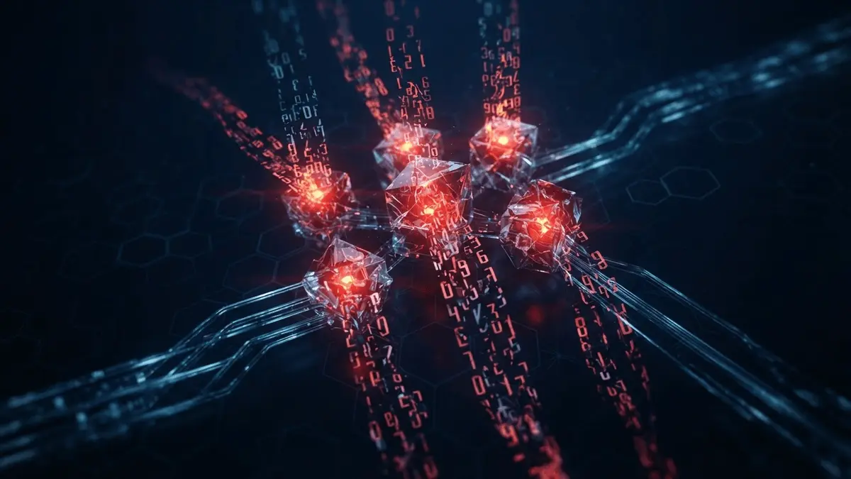 Blockchain oracle exploit visualization showing corrupted price feed data streams in dark digital environment