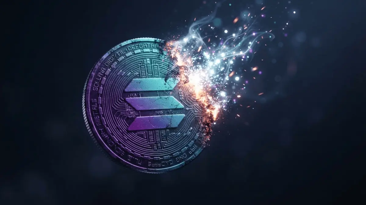 Solana token burning with glowing particles representing deflationary tokenomics