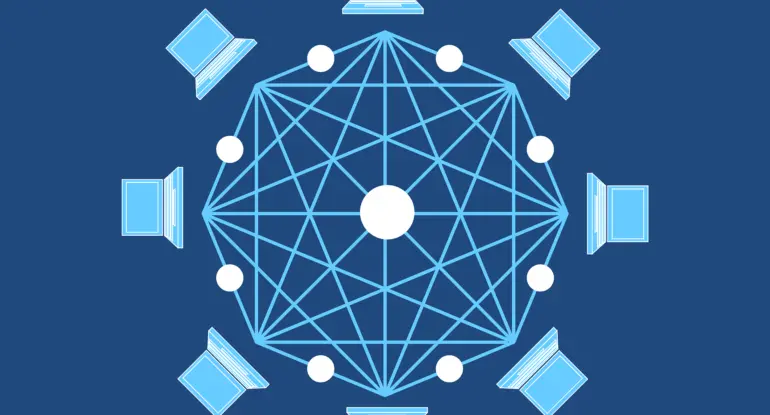 Illustration of a decentralized blockchain network with connected computers.