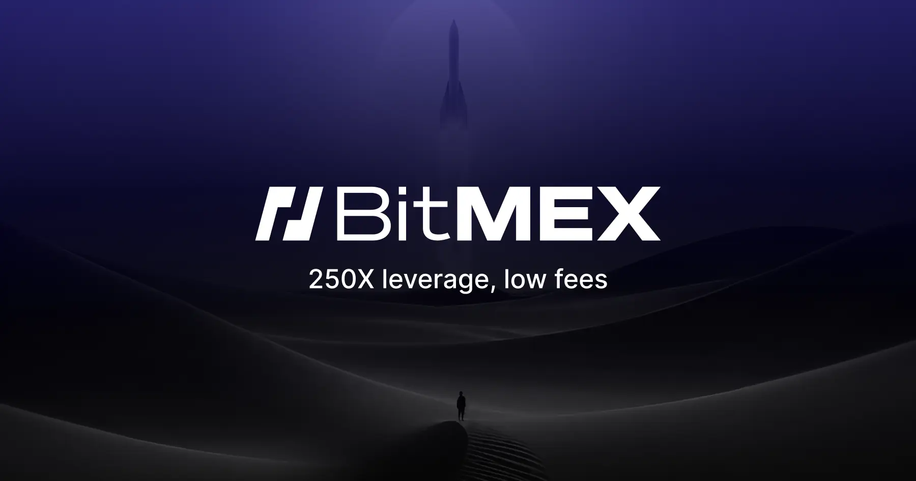 BitMEX logo with text '250X leverage, low fees' against a dark gradient background.