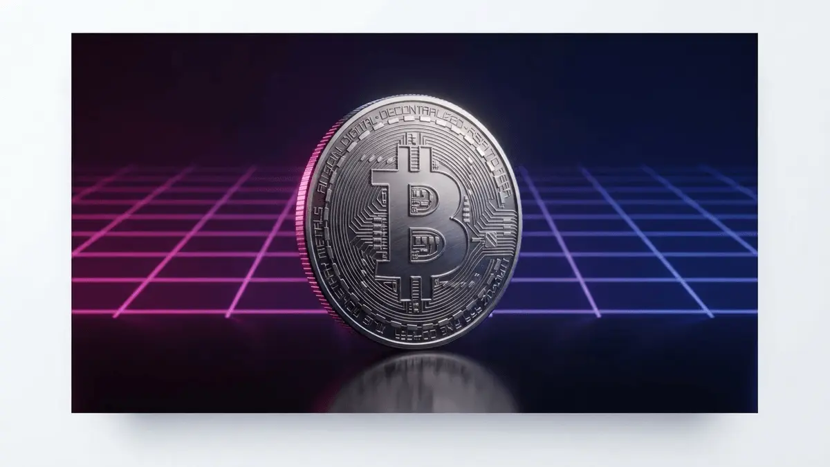 Bitcoin coin with magenta and blue gradient grid backdrop representing AI credit crisis and financial systems
