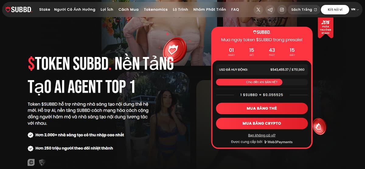 UBBD ICO platform - Token AI-Web3 content creator, APY 20% cố định, giá $0.055475