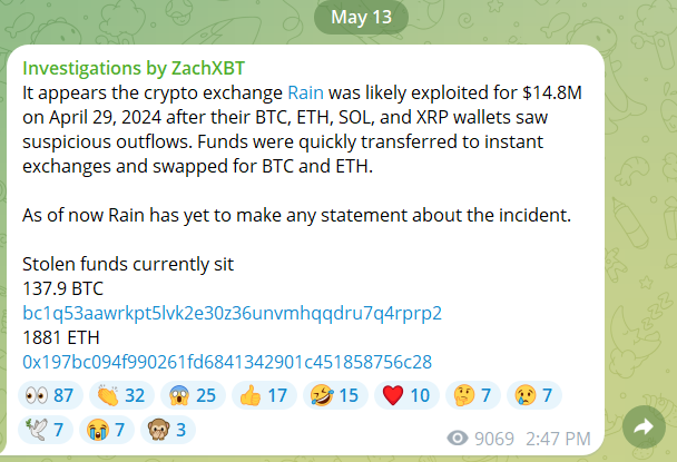 ZachXBT ตั้งข้อสงสัยในพฤติกรรมที่แปลกประหลาดของ Rain Exchange ที่มา: Telegram ZachXBT