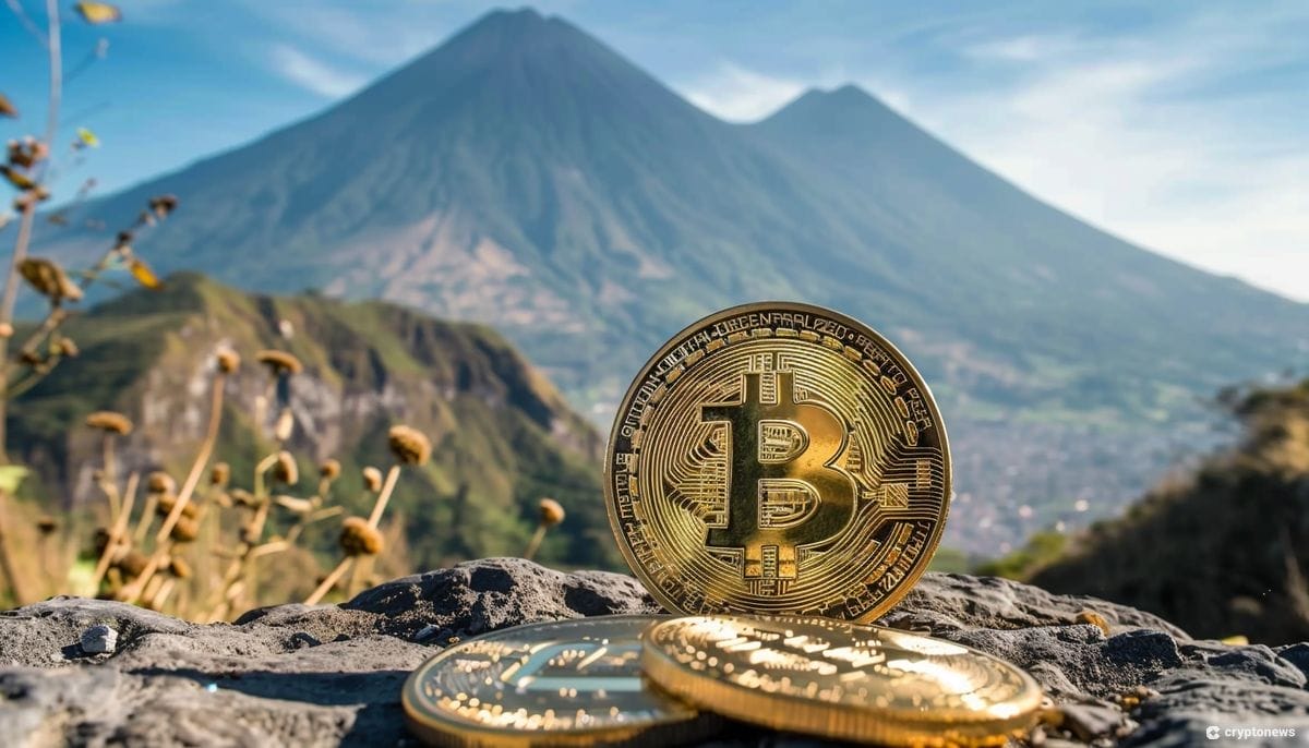 Golden Bitcoin in a peaceful mountainous area