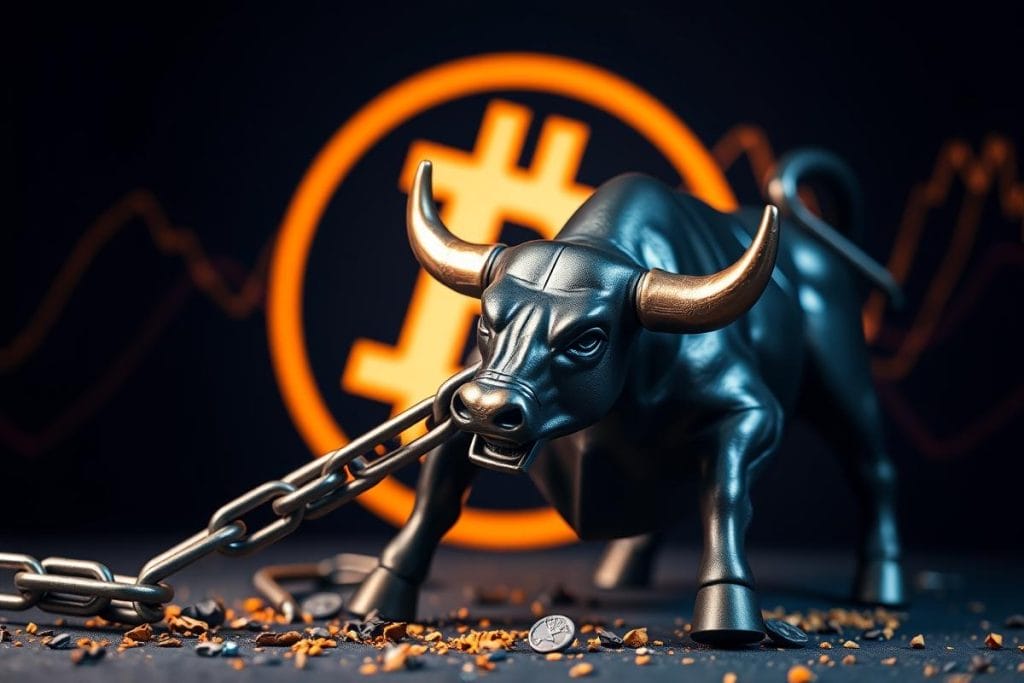 รูปปั้นวัวกระทิงทำลายโซ่ มีโลโก้ Bitcoin อยู่เบื้องหลัง (Bull figure breaking a chain with bitcoin logo)