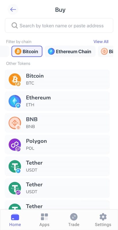 เลือกไปที่เชน Bitcoin แล้วเลือก Bitcoin ที่รายการด้านล่าง