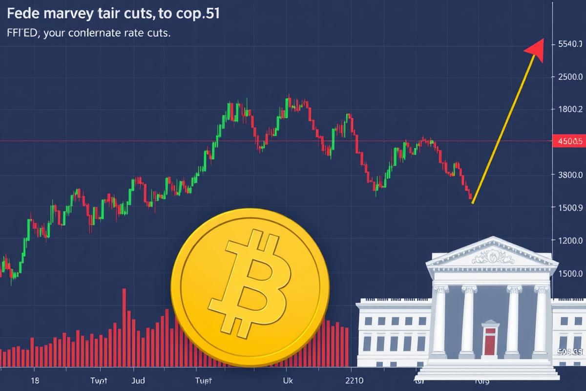 กราฟแสดงการฟื้นตัวของตลาดคริปโต โดยมีสัญลักษณ์ BTC เด่นชัด พร้อมภาพประกอบที่สื่อถึงการยืนยันการลดอัตราดอกเบี้ยของ FED