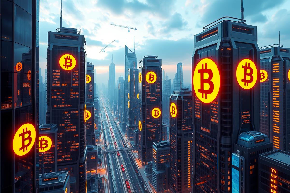 ภาพแสดงเมืองแห่งอนาคตที่มีโลโก้ Bitcoin ผสมผสานกับอาคารต่างๆ แสดงถึงการเติบโตของ Bitcoin DeFi และเครือข่าย Layer-2