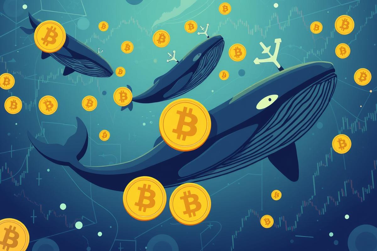 ภาพวาฬ Bitcoin ว่ายอยู่ในทะเลกราฟคริปโตเคอร์เรนซี แสดงถึงการกลับมาของผู้ถือ Bitcoin รายใหญ่ (Bitcoin whales).