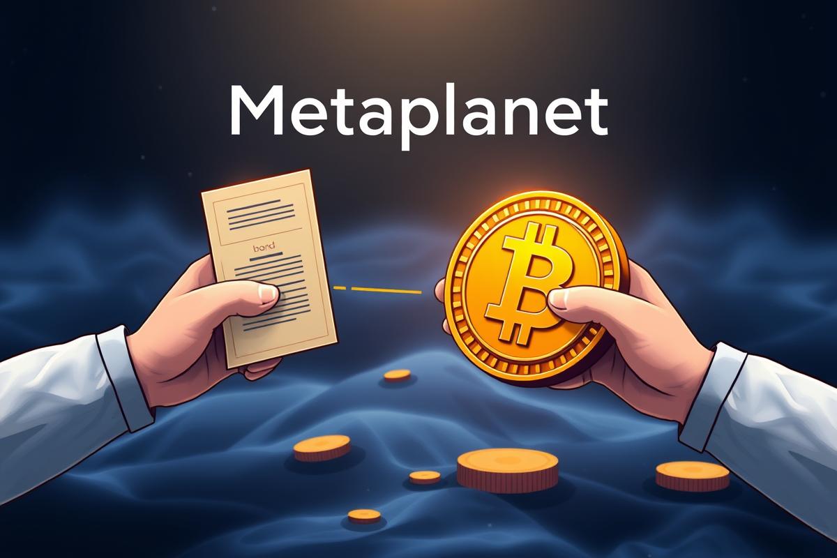 ภาพคอนเซ็ปต์แสดง Metaplanet ออก Bond เพื่อซื้อ BTC, สื่อถึงการลงทุนทางการเงินในคริปโตเคอร์เรนซี