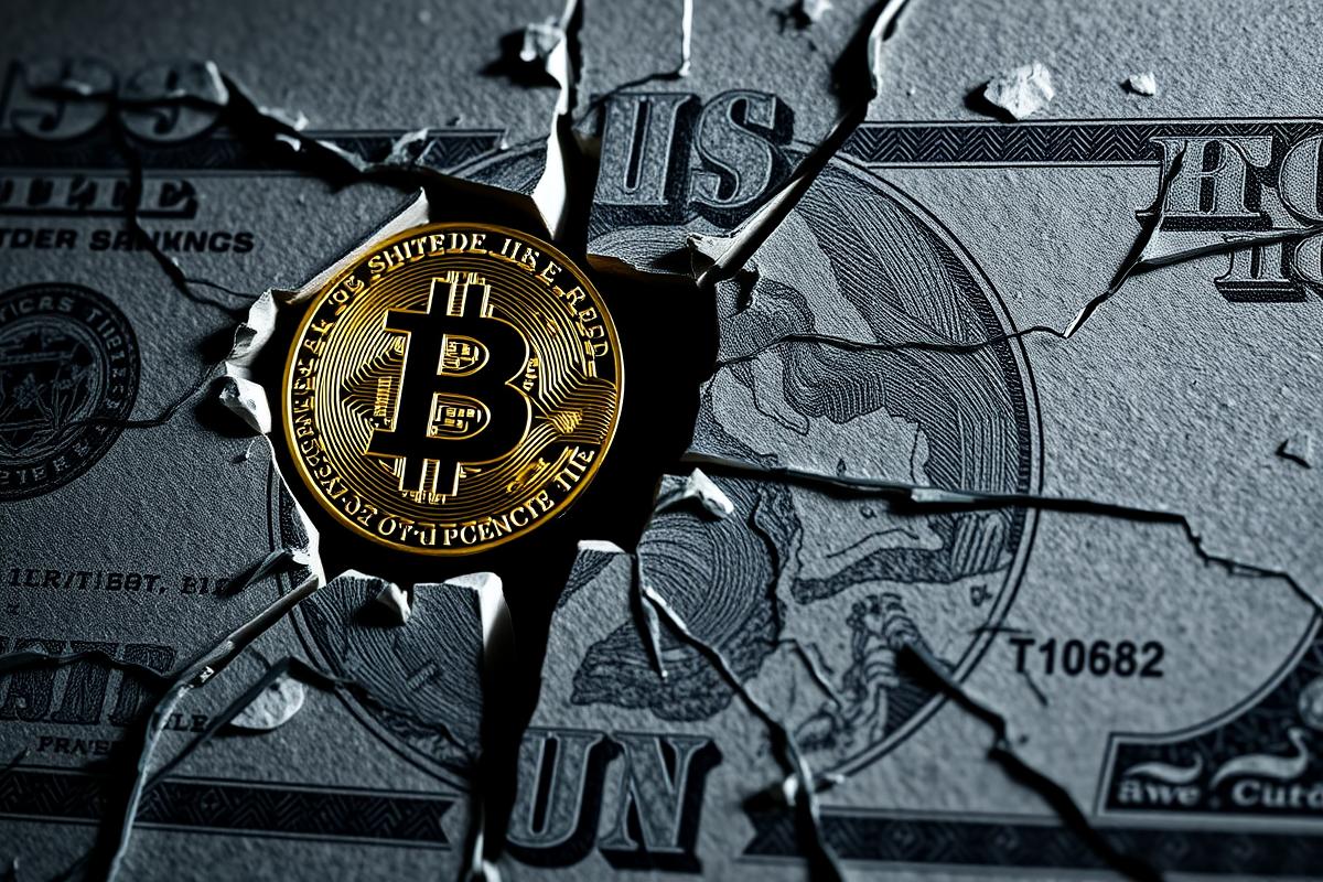 ภาพแสดงสัญลักษณ์เงินดอลลาร์สหรัฐฯ แตกออก โดยมี Bitcoin โผล่ออกมาจากรอยแตก แสดงถึง Bitcoin ที่อาจเข้ามาแทนที่