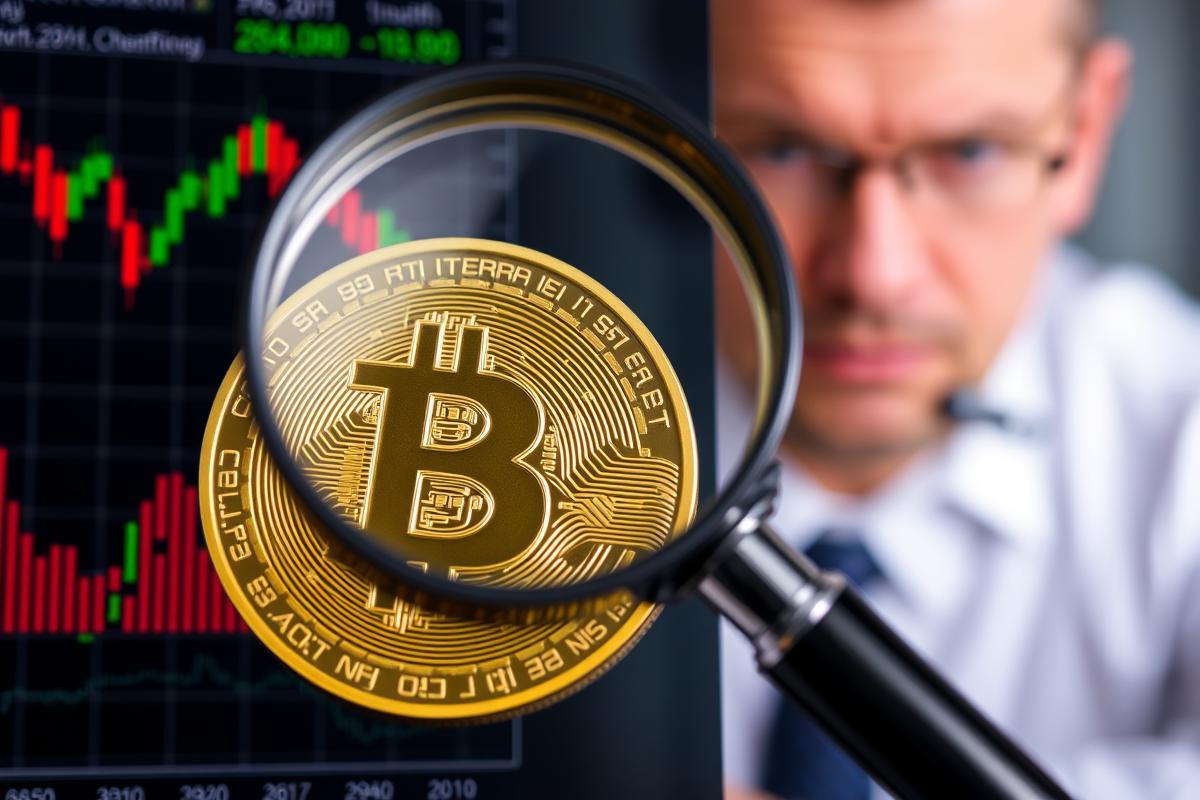 กราฟราคา Bitcoin แสดงความผันผวน, แว่นขยายกำลังส่องที่กราฟ, นักวิเคราะห์ Bitcoin แสดงความกังวล