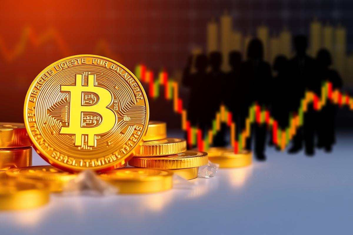 กราฟราคา Bitcoin พร้อมทองคำแท่งและภาพเงาของนักลงทุนสถาบัน Bitcoin