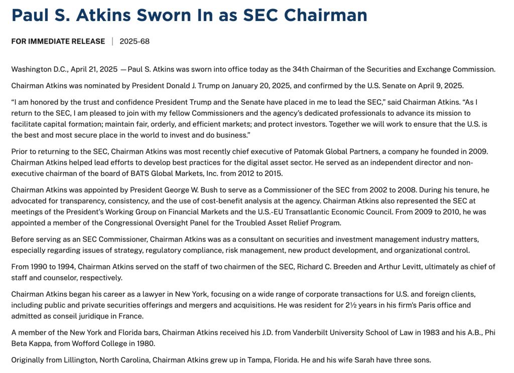 Paul Atkins เข้ารับตำแหน่งประธาน SEC สร้างความหวังต่อตลาด Bitcoin (BTC) และ crypto โดยรวม
