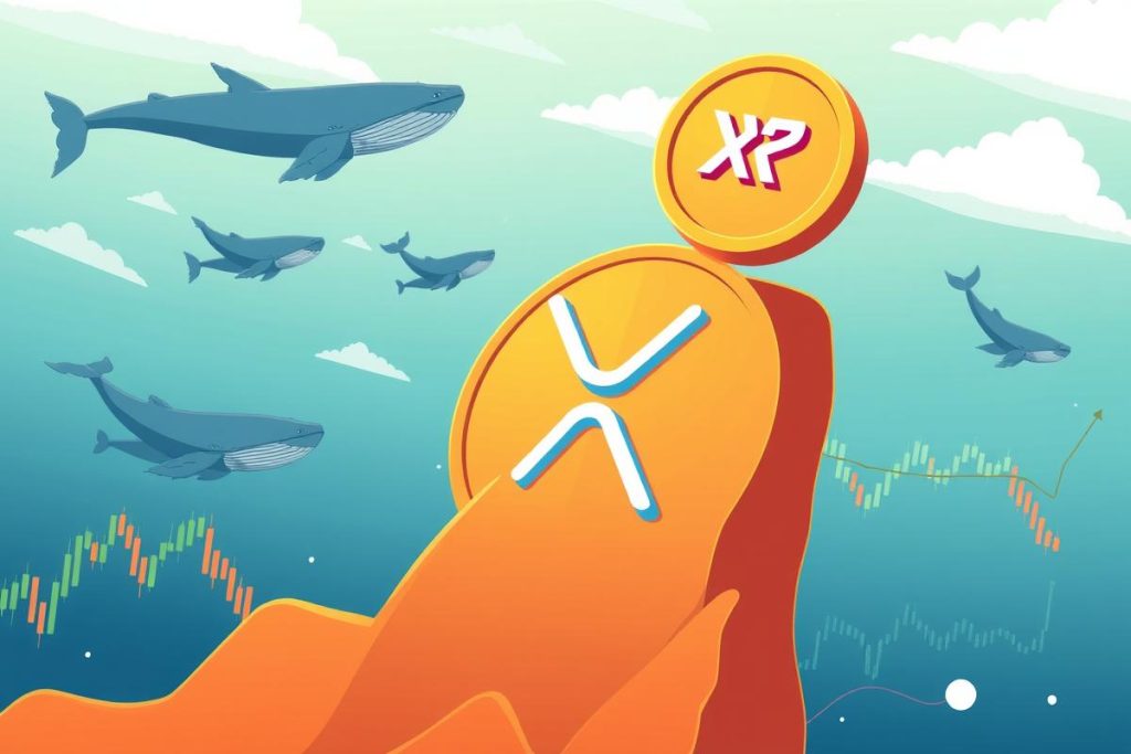 ภาพประกอบโทเค็น XRP พุ่งขึ้นสูง โดยมีปลาวาฬอยู่เบื้องหลัง แสดงถึงแนวโน้มขาขึ้น
