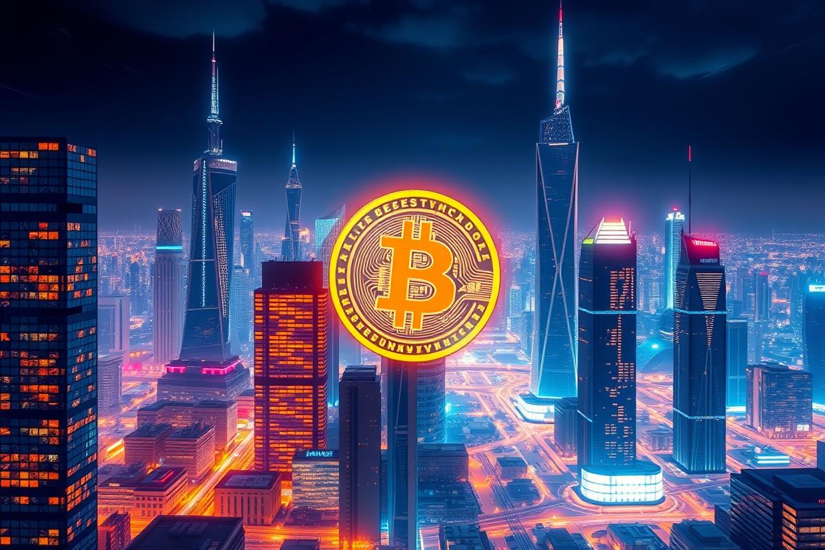 ภาพ Bitcoin ในเมืองแห่งอนาคต แสดงถึงการเติบโตและนวัตกรรม