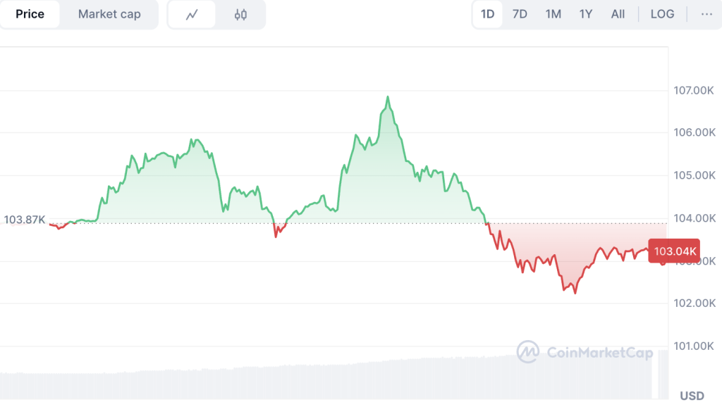 กราฟราคา Bitcoin (BTC) ในช่วง 24 ชั่วโมง ที่มา: CoinMarketCap