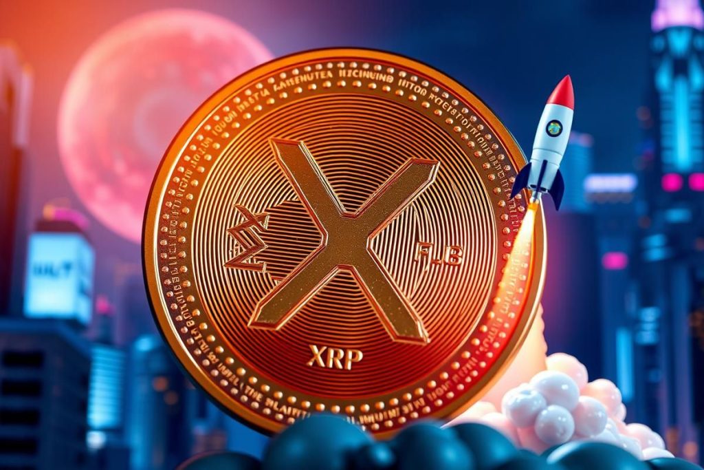 เหรียญ XRP กับภาพพื้นหลังเมืองแห่งอนาคตและจรวดกำลังทะยานขึ้น