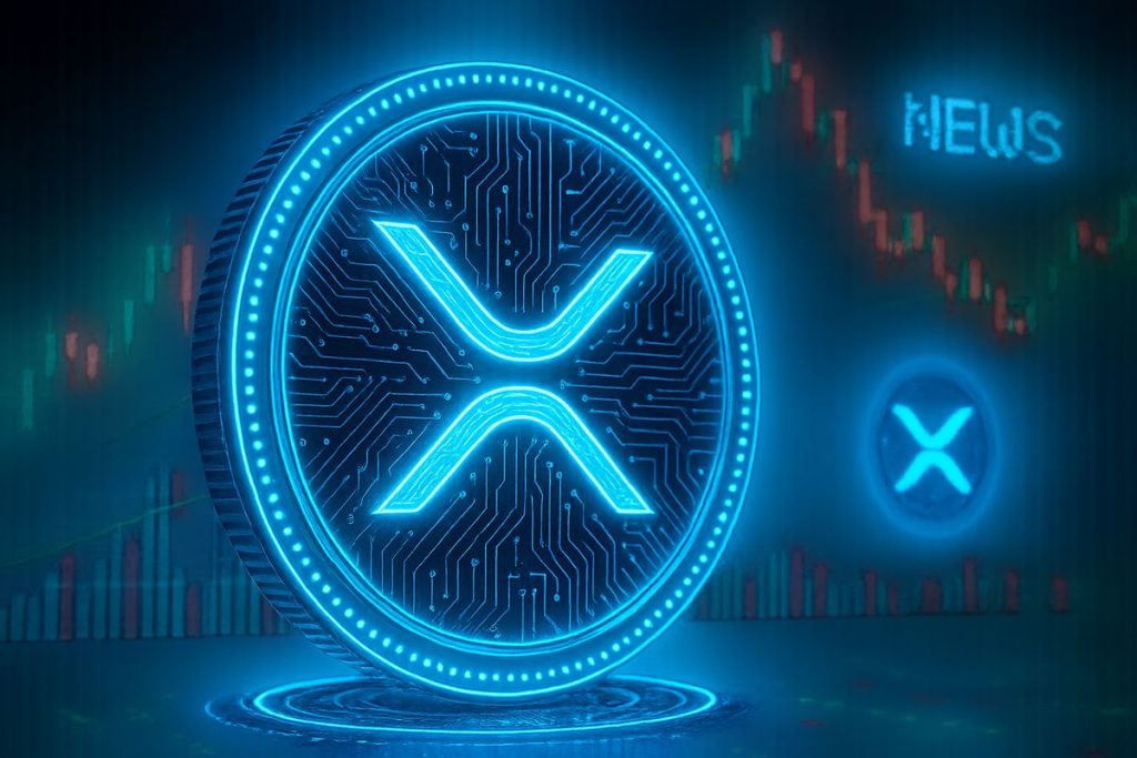 A futuristic close-up of the XRP cryptocurrency logo with a glowing blue circuit-board design, surro
