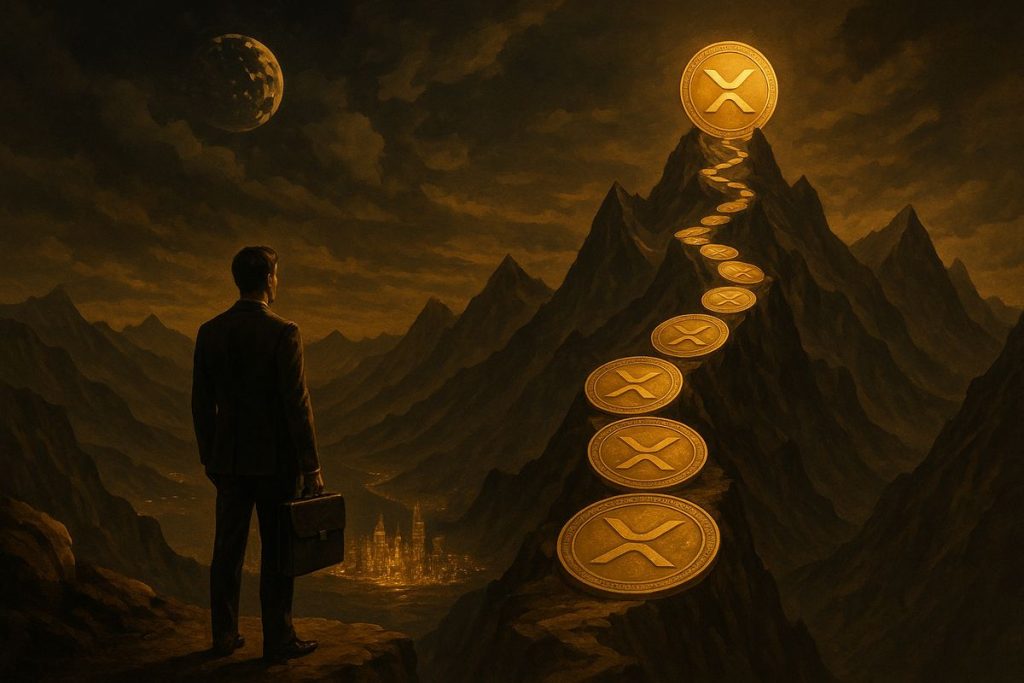 A surreal, golden-toned landscape depicting a businessperson in a suit holding a briefcase, standing