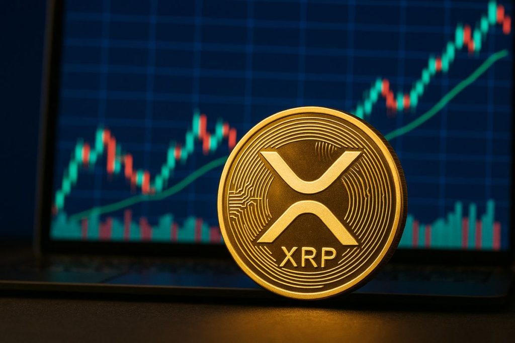 สร้างภาพ XRP ด้านหลังเป็นคอมที่มีกราฟหุ้น