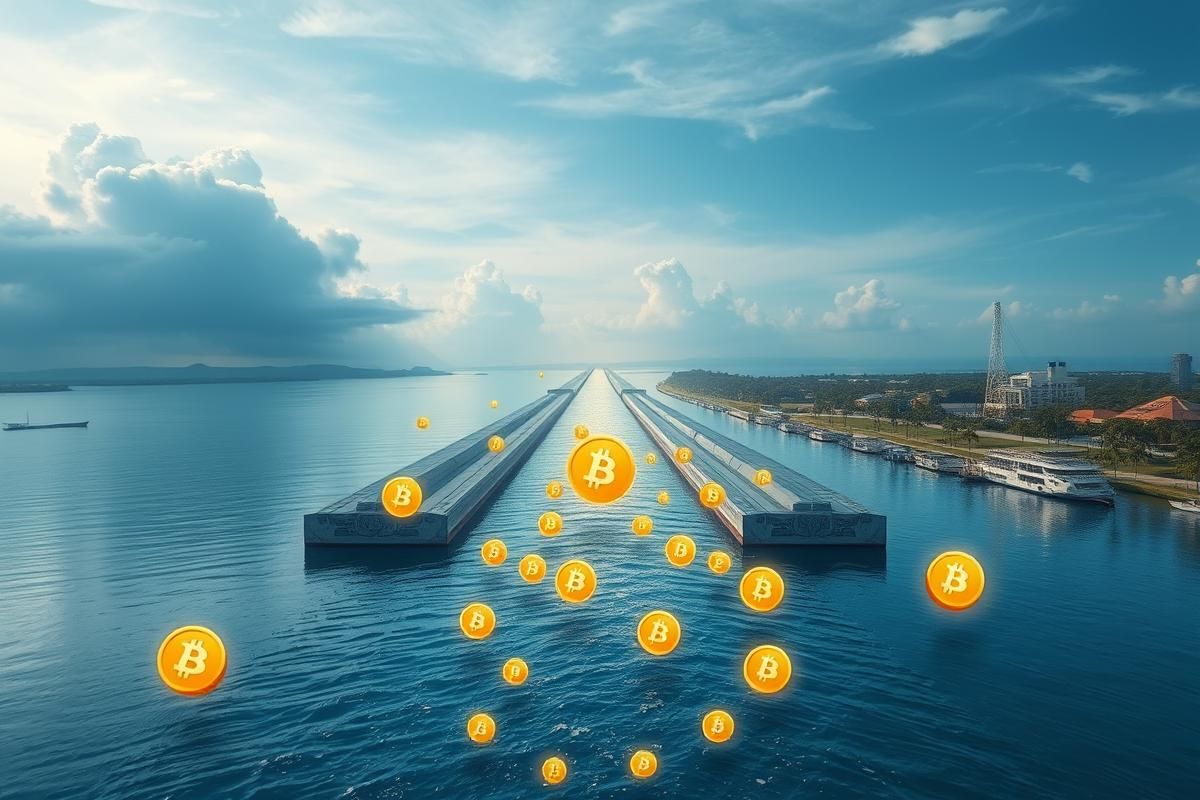 ภาพแนวคิด Panama Canal กับสัญลักษณ์ Bitcoin แสดงการรับชำระเงินด้วย Bitcoin
