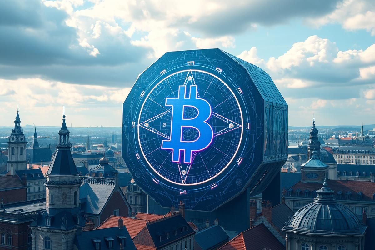 ภาพโครงสร้าง blockchain ขนาดใหญ่พร้อมโลโก้ Bitcoin ในเมืองยุโรป แสดงถึงการลงทุนสถาบัน 340 ล้านดอลลาร์