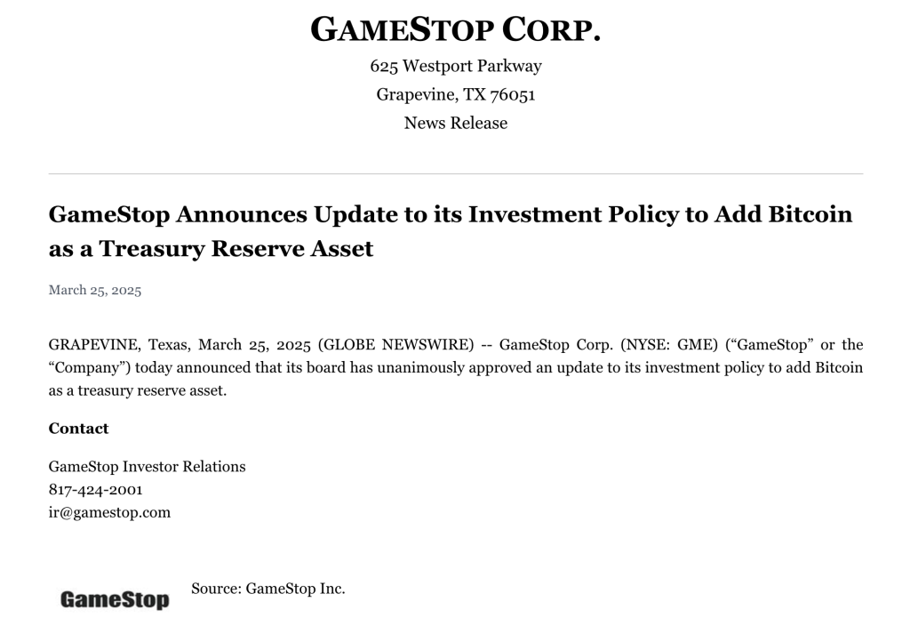 GameStop ประกาศเพิ่ม บิทคอยน์ (BTC) ลงในคลัง