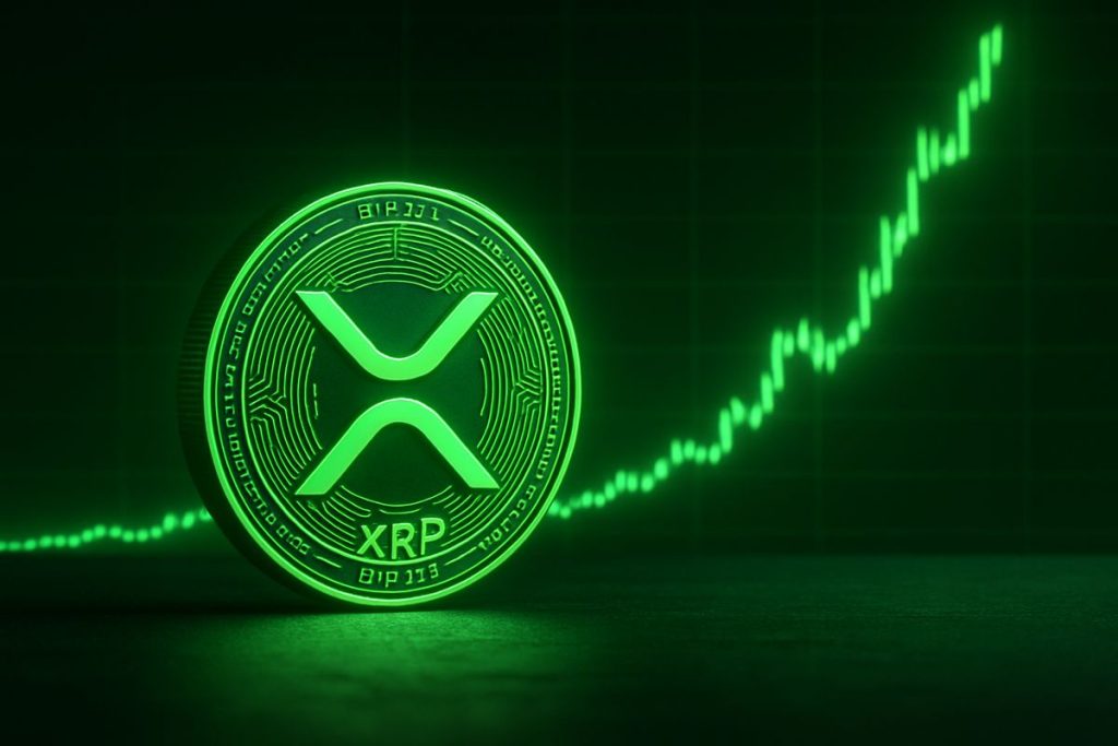 A glowing green XRP (Ripple) coin standing upright on a dark surface, with a stylized price chart in
