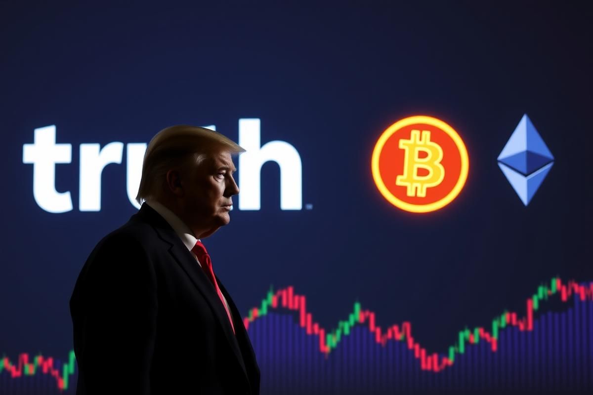 Donald Trump และโลโก้ Truth Social พร้อมสัญลักษณ์ Bitcoin และ Ethereum สะท้อนการยื่นจัดตั้ง ETF