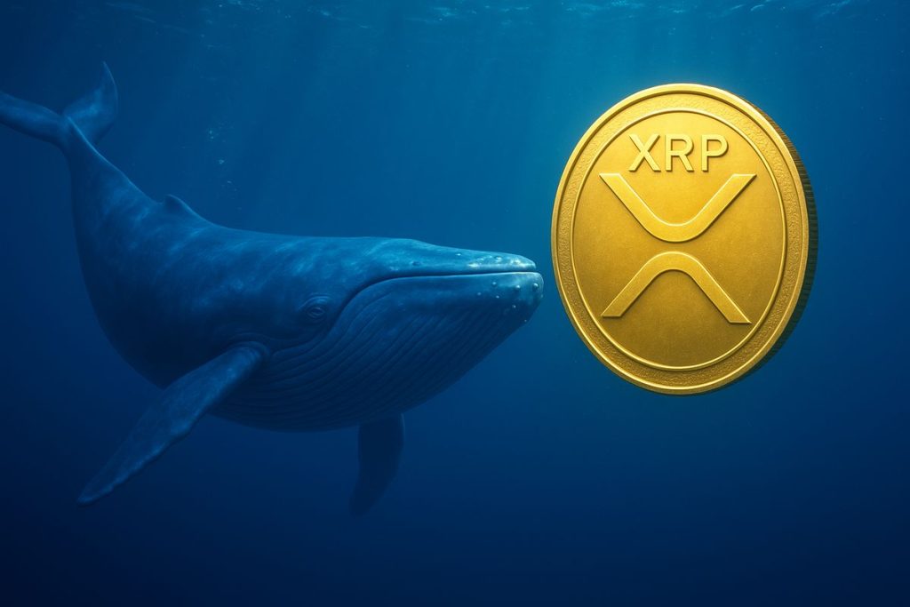 A large blue whale swimming underwater next to a prominent XRP (Ripple) coin logo. The scene is deep