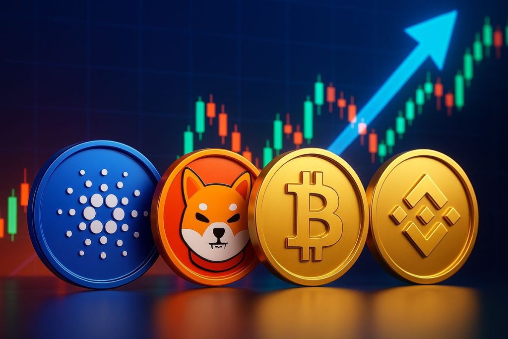 The image shows four glossy 3D coins representing popular cryptocurrencies, positioned against a dyn