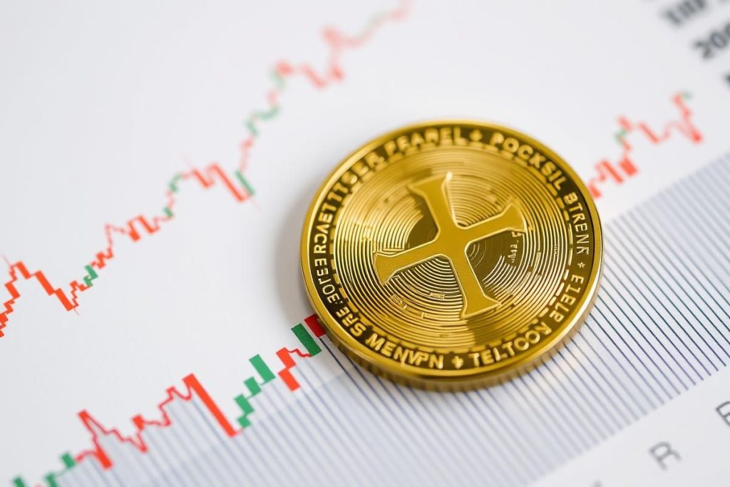 เหรียญ XRP วางอยู่บนกราฟราคาที่แสดงแนวโน้มขาขึ้น