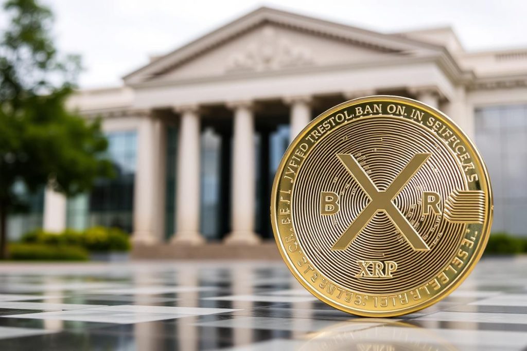 เหรียญ XRP วางอยู่ข้างอาคารธนาคารสมัยใหม่ สะท้อนการเติบโตของ XRP Ledger ในภาคสถาบัน