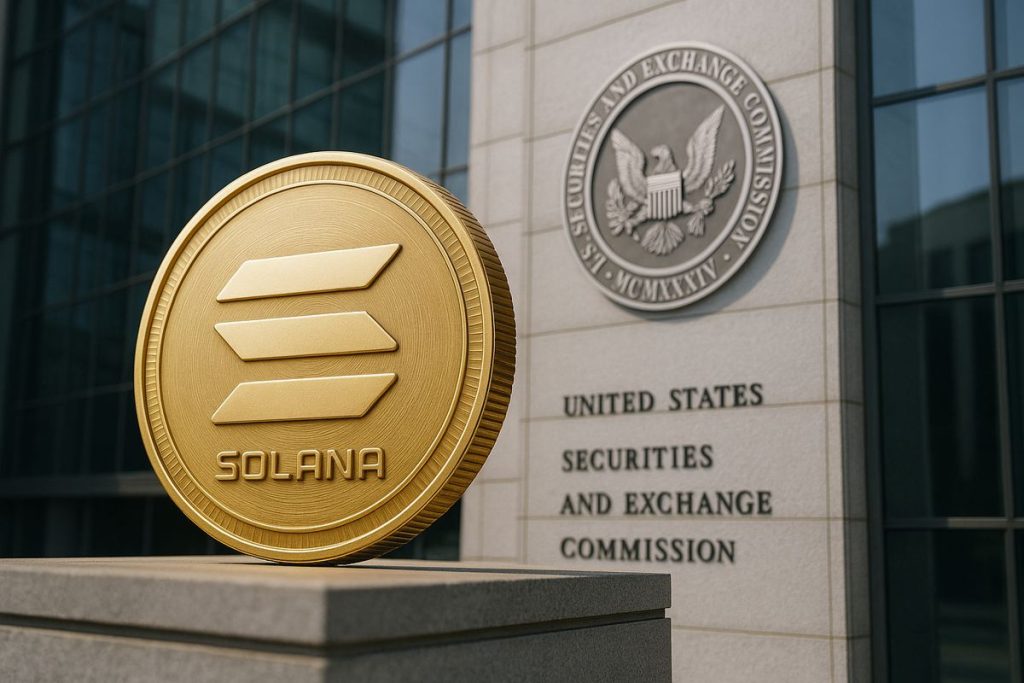 เหรียญ Solana วางอยู่หน้าอาคาร ก.ล.ต. สหรัฐฯ สื่อถึงการอนุมัติ Solana ETF