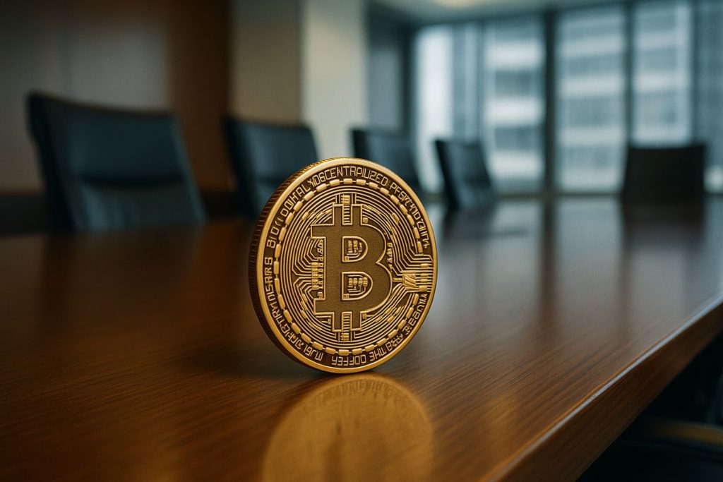 เหรียญ Bitcoin วางบนโต๊ะประชุมของบริษัท สะท้อนความต้องการจากสถาบัน