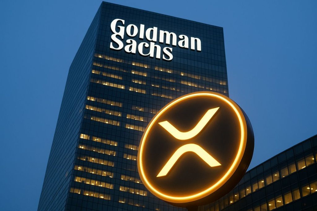 อาคาร Goldman Sachs พร้อมสัญลักษณ์เหรียญ XRP ที่ส่องสว่างด้านหน้า สะท้อนข่าวการคาดการณ์ราคา XRP